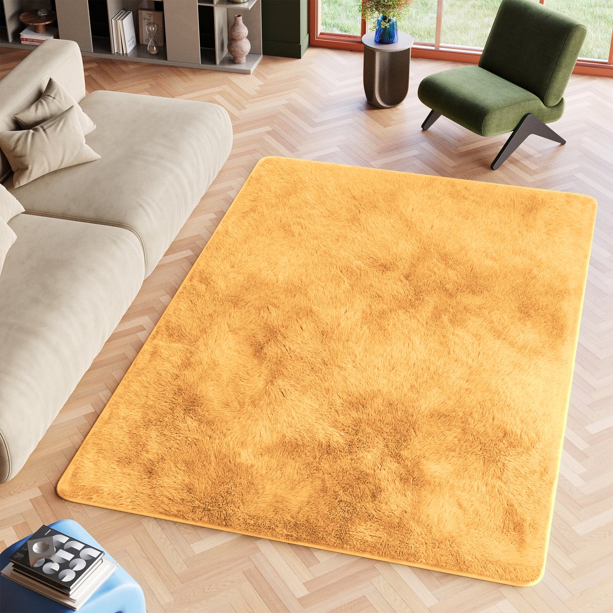 Tapiso Silk Vloerkleed Mosterd Hoogpolig Woonkamer Slaapkamer Tapijt Maat- 200x300