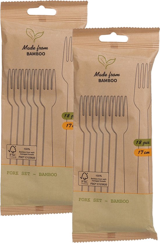 Twee verpakkingen met elk 18 bamboe vorken van 17 cm, met de tekst 'Made from BAMBOO' en 'FORK SET - BAMBOO'.