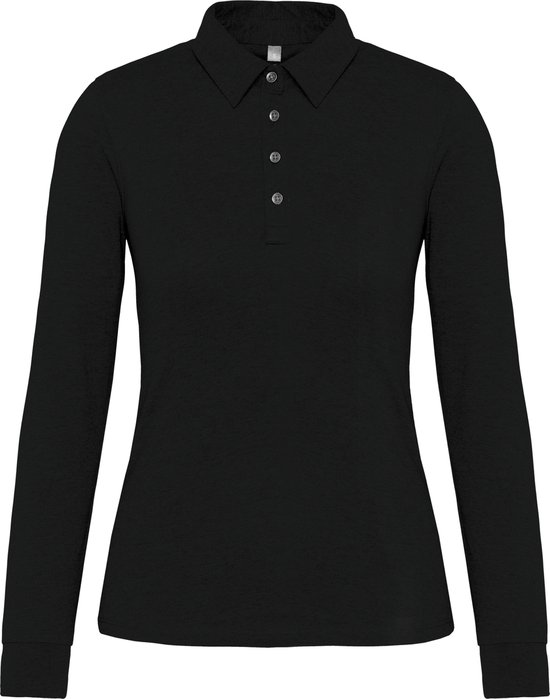 Polo noir à manches longues pour femme, avec col et fermeture boutonnée.