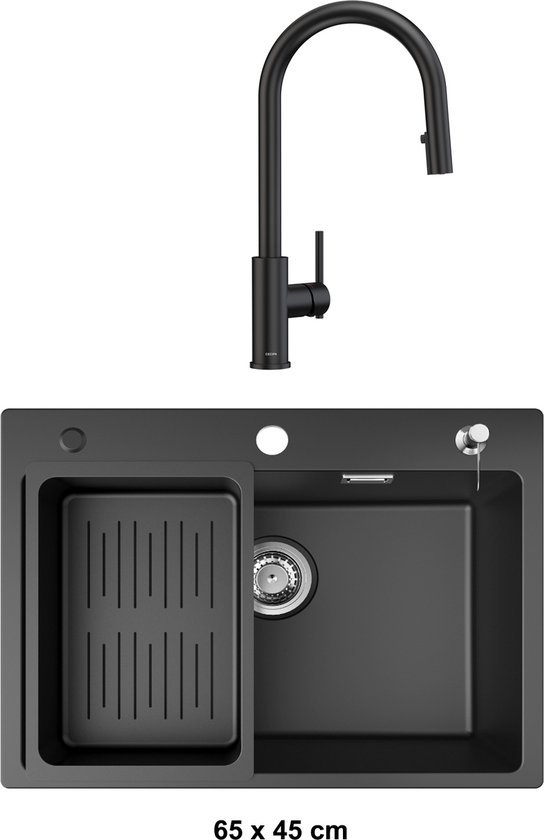 Cecipa Max Keukenspoelbak 1 Bak Zwart 40*45*19CM - RVS Spoelbak 1 Bak Geborstelde Keukenmengkraan Met Uittrekbare Spray 2 Jets Om Uit Te Kiezen
