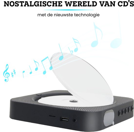 Cd-speler voor aan de Muur, Bluetooth 5.0-luidsprekers met Lcd-scherm, Cd- speler voor aan de Muur met Afstandsbediening, Ondersteunt Cd, Bluetooth, AV, Kleine Geheugenkaart