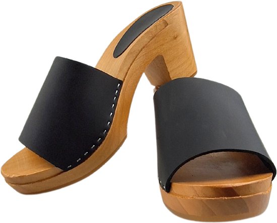 Matt black heels - hak 7cm - nubuck leer - houten zool - open toe - maat 35