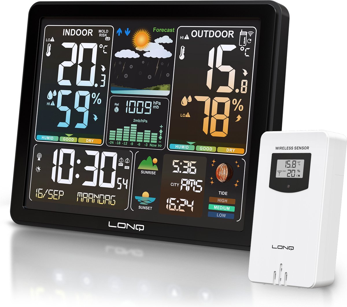 Bol.com LONQ Weerstation Binnen en Buiten - 18 Functies - Draadloos Weerstation met Buitensensor - Thermometer Hygrometer - Kleu... aanbieding