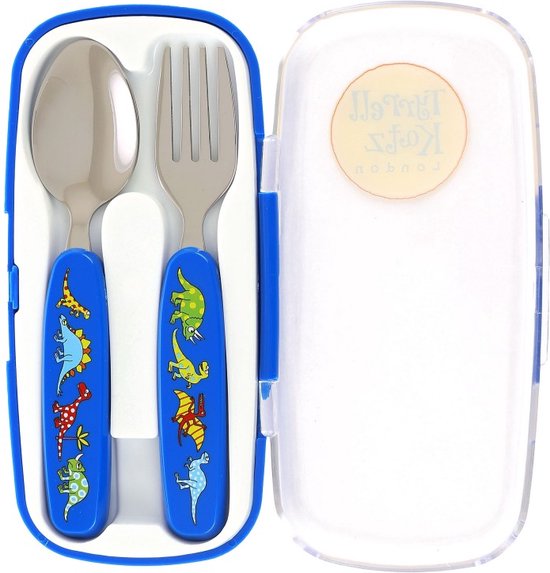 Dino Dinosaurus kinder servies set melamine vakjesbord + trainingsbeker + bestek - Tyrrell Katz van Dino. — afbeelding 3