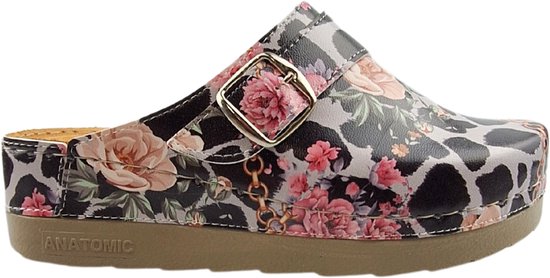 Rechter klomp met roze bloemen, luipaardprint en gouden gesp. ANATOMIC zool.