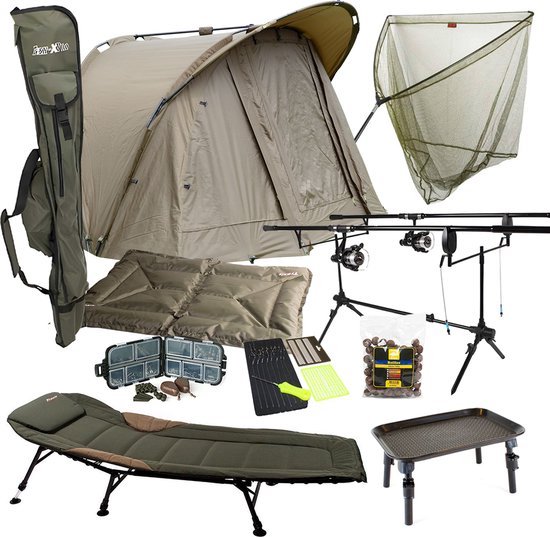 Foto: Traxis karperset overnighter set karpervissen vistent 2 hengels 2 molens stretcher schepnet onthaakmat rodpod beetmelders