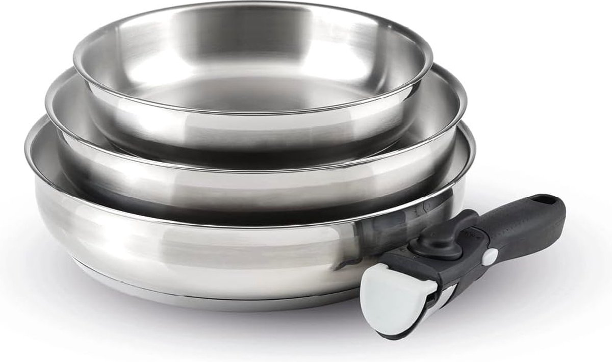 Set van 3 braadpannen in roestvrij staal met afneembaar handvat - Zilver / Zwart