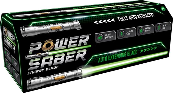 Emballage du Power Saber avec des images de l'arme et des caractéristiques comme 'Motion Based SFX'.