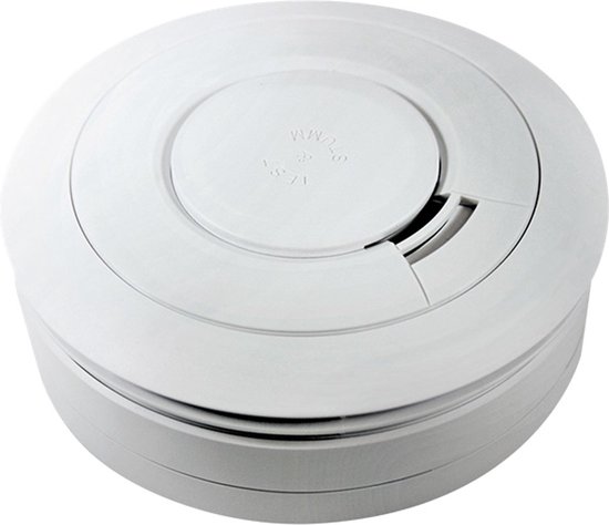 Witte ronde rookmelder met schuine zijkant, met centrale knop met tekst "TEST & STUM".