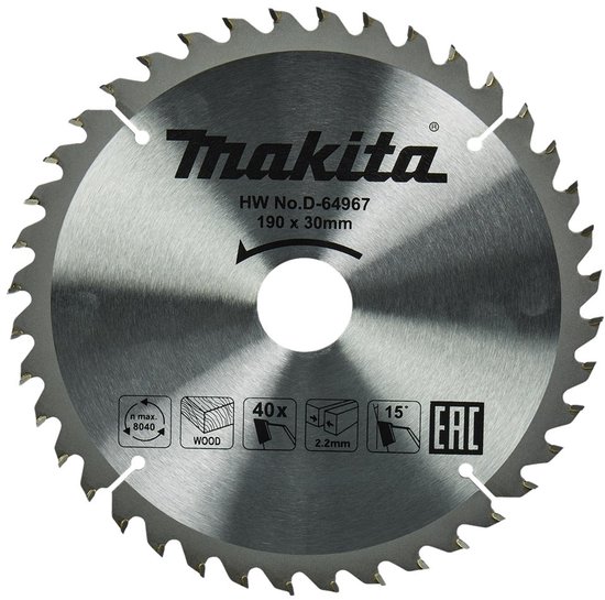 Lame de scie circulaire Makita pour bois | Standard | Ø 190mm Trou d'axe 30mm 40T - D-64967