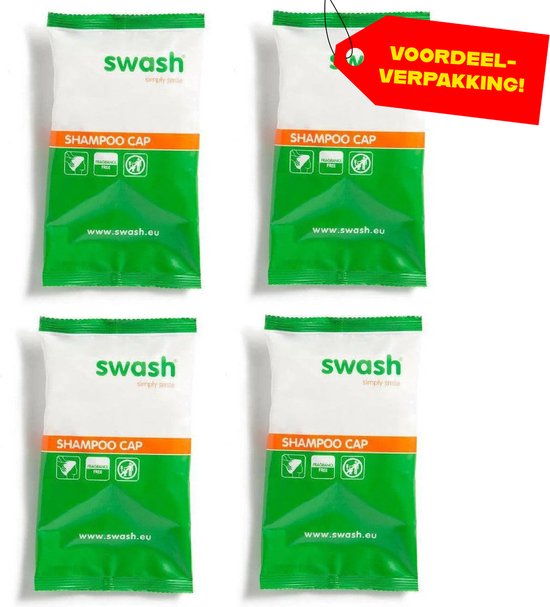Voordeelverpakking van vier Swash Shampoo Caps in witte en groene verpakkingen. "VOORDEEL-VERPAKKING!" staat op een rode sticker.