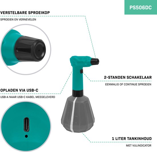 VONROC Elektrische Drukspuit - 1 liter - 4V - voor bewatering, onkruidbestrijding, schoonmaken en auto detailing - Incl. USB-C laadkabel van Merkloos	 — afbeelding 2