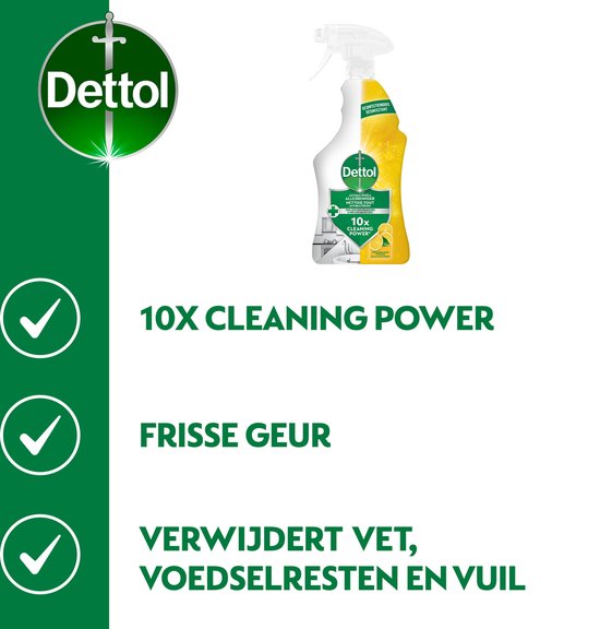 Spray nettoyant tout usage antibactérien Dettol au citron, puissance de nettoyage 10x, parfum frais, élimine la graisse et la saleté.