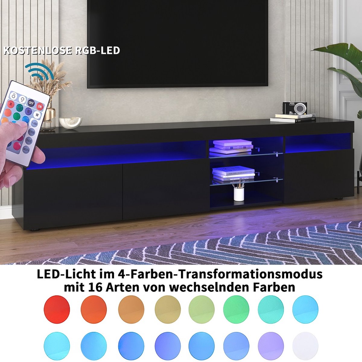 Meuble TV, 4 portes, meuble bas de salon, avec bande lumineuse LED 16 couleurs, portes brillantes et étagères en verre, 140 cm - Maison