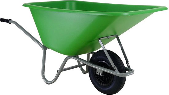 Groene kruiwagen van kunststof met zilverkleurig metalen frame en zwart wiel.