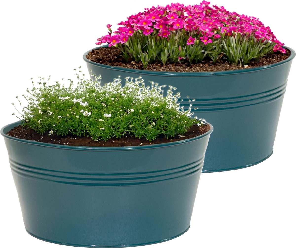 Goedkoopste Mega Collections plantenpot/bloempot Bob - 2x - zink - zeegroen - D25 X H12 cm