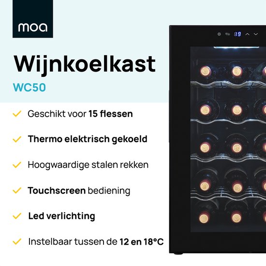 MOA wijnkoelkast WC50, zwart, met glazen deur, 15 flessen, roestvrijstalen rekken, touchscreen.