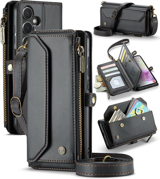 CaseMe - Telefoonhoesje geschikt voor Samsung Galaxy A55 - Wallet Book Case met Schouder Strap - Zwart
