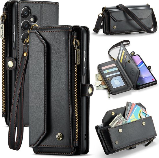 CaseMe - Telefoonhoesje geschikt voor Samsung Galaxy A15 - Wallet Book Case met Schouder Strap - Zwart