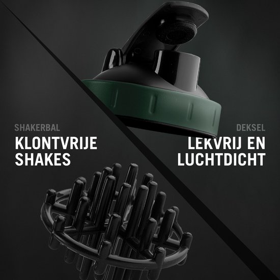 Groene en zwarte shaker met een mengbal en een lekvrij deksel.