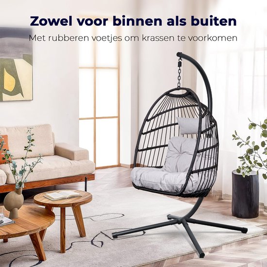 Swoods Egg Hangstoel – Hangstoel met standaard – Egg Chair – tot 150kg – Zwart/Lichtgrijs
