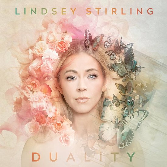 Lindsey Stirling met bloemen en vlinders op de albumhoes van Duality.