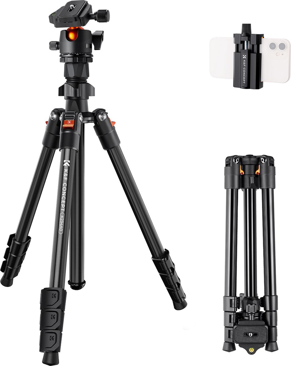 K&F K234A0 Tripod Statief voor Camera/ Mobiele Telefoon - 163 cm Aluminium Camerastatief met Telefoonhouder thumbnail 2
