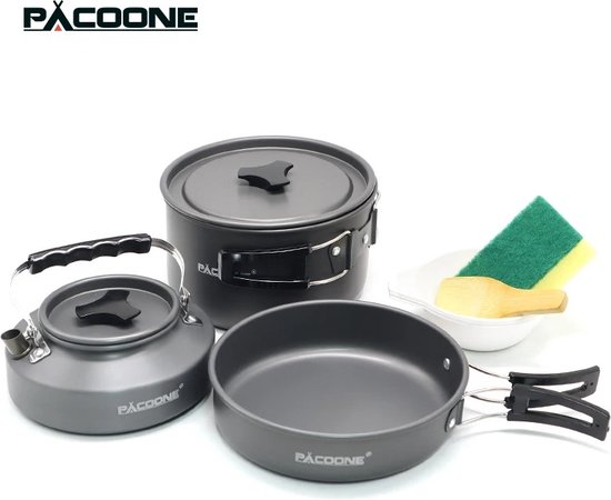 Pacoone® - Camping pannenset - 3-delig - lichtgewicht - Zwart - Aluminium - Perfect voor hiking