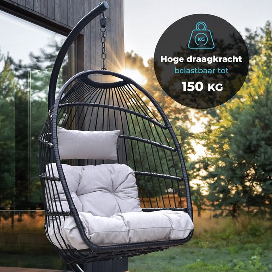 Swoods Egg Hangstoel – Hangstoel met standaard – Egg Chair – tot 150kg – Zwart/Lichtgrijs