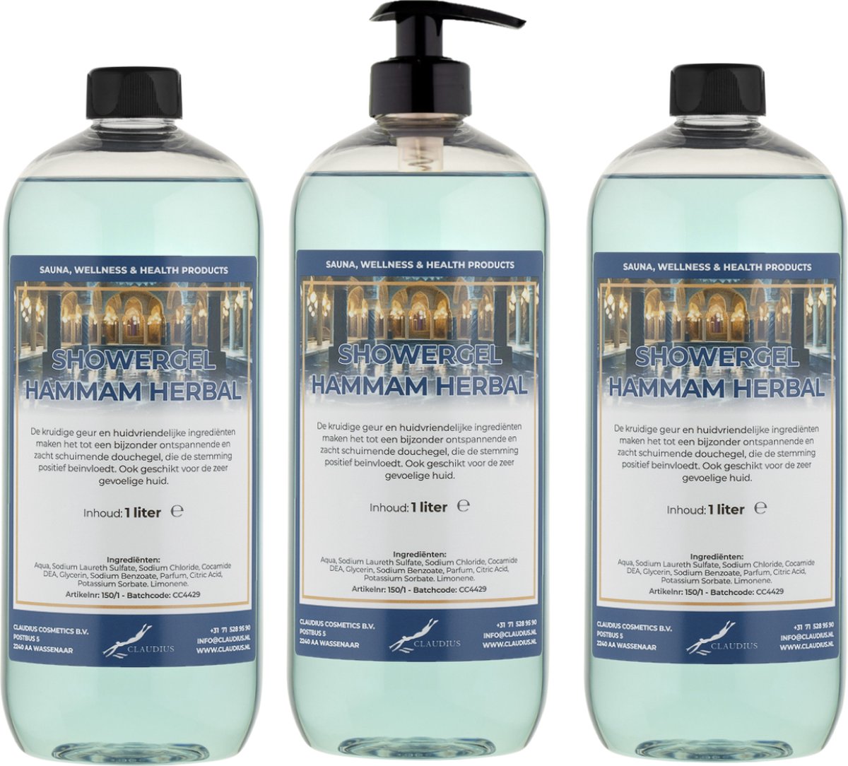 Goedkoopste Douchegel Hammam Herbal 1 liter - set van 3 stuks - met gratis pomp - showergel