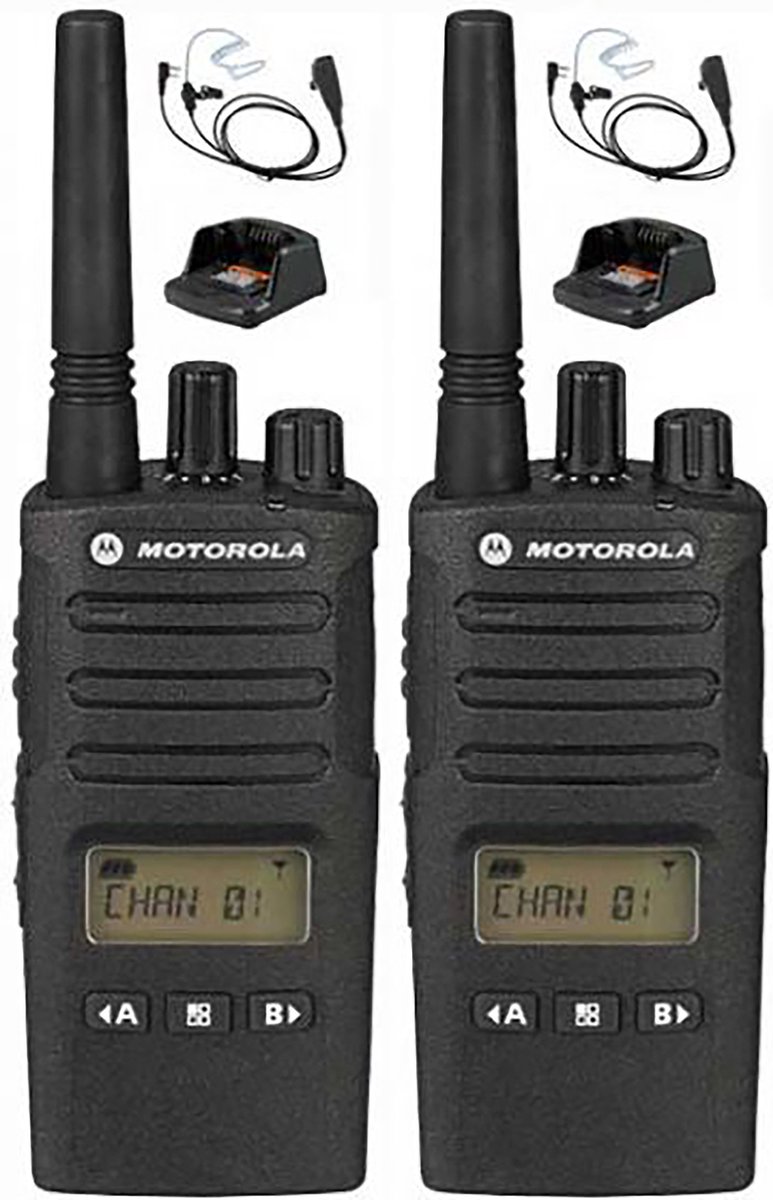 Set van 2 Motorola XT460 IP55 PMR446 met beveiliging oortje M1 en tafellader