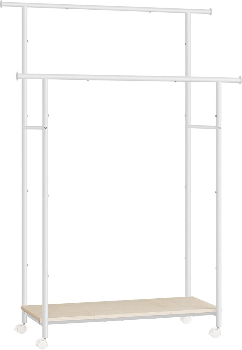 FurnStar - Kapstok - Kapstokken -Kledinghangers - Dubbele Kapstok Met Zwenkwielen En Plank - 39.6 x 98.5 x 156.8 cm - Wit