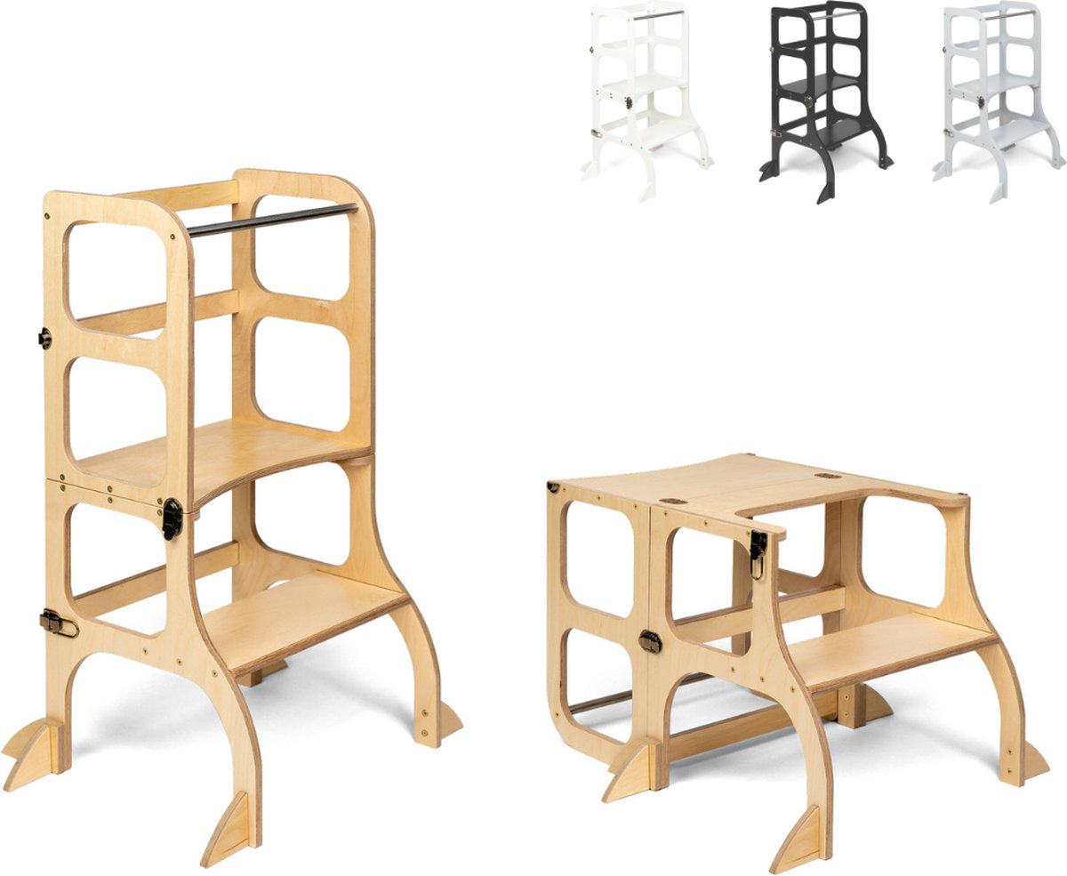 Ette Tete Step 'n Sit - Leertoren - Naturel met gouden clips - Inklapbaar tot tafel en stoel - Met extra support - Learning Tower - Montessori inspired - Keukentrap - Keukenhulp - Leerstoel - Veilig -Duurzaam