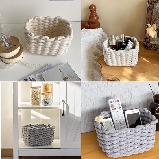 Opbergmand, 28 X 28 X 28 Cm, Vierkante Gevlochten Manden Van Katoenen Touw Kleine Gevlochten Mandjes Om Te Sorteren Voor Kinderkamer Kantoor Decoratief Set Van 2 Grijs Lichtgrijs Wit