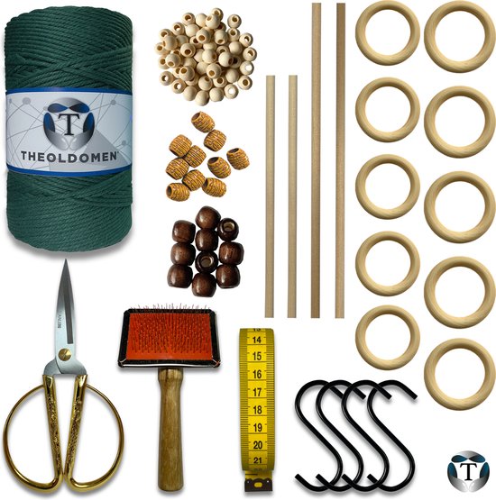 Deluxe Macramé Pakket | Donkergroen | 200 METER | Triple Twist | 3mm | Starter Set | Schaar | S-haken | Kam | Meetlint | Ringen | Kralen | Stokken | Macramé Touw | 100% Katoen | DIY | Macramé | Wandkleed | Plantenhanger | TheOldOmen