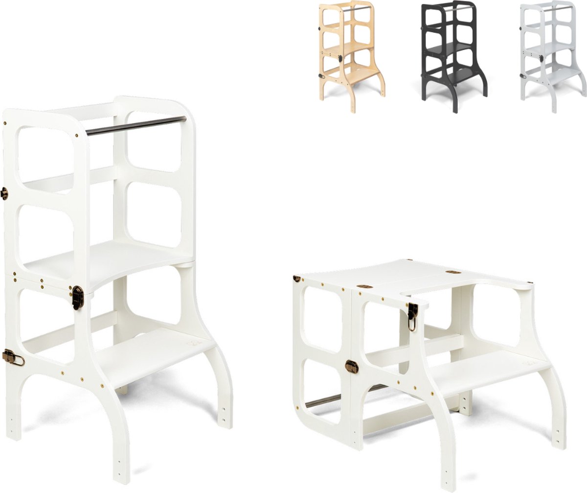Ette Tete Step 'n Sit - Leertoren - Wit met messing clips - Inklapbaar tot tafel en stoel - Learning Tower - Montessori inspired - Keukentrap - Keukenhulp - Leerstoel - Veilig -Duurzaam