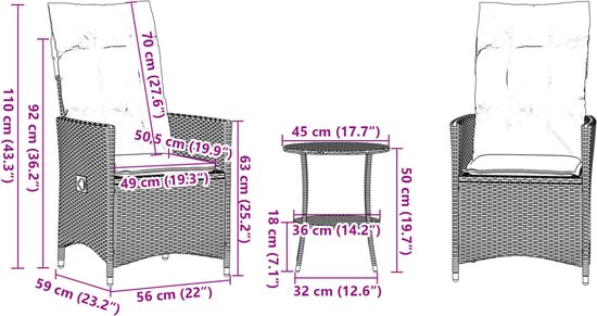 vidaXL Set de bistro 3 pièces avec coussins - Marron - Set de bistro de jardin - Loisirs en plein air - Set de jardin - Relaxation