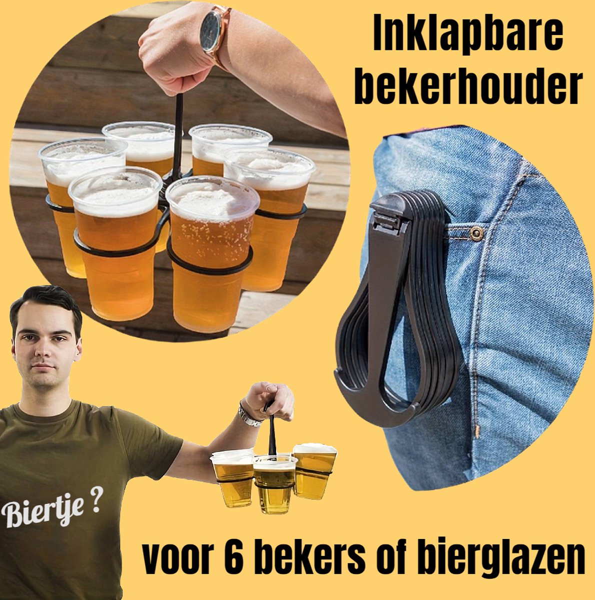 Allernieuwste.nl® Inklapbare Biertray Bekerhouder 6 Bekers Bier Koffie Festival Feestje Bierblad - Opvouwbaar Zwart %%