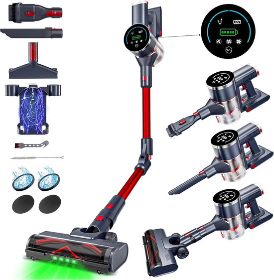 Foto: Snoerloze stofzuiger 35 kpa 550 w met oled touchscreen inhoud 1 7 l afneembare batterij 180 opvouwbare steelstofzuiger voor dierenharen tapijten harde vloeren rood