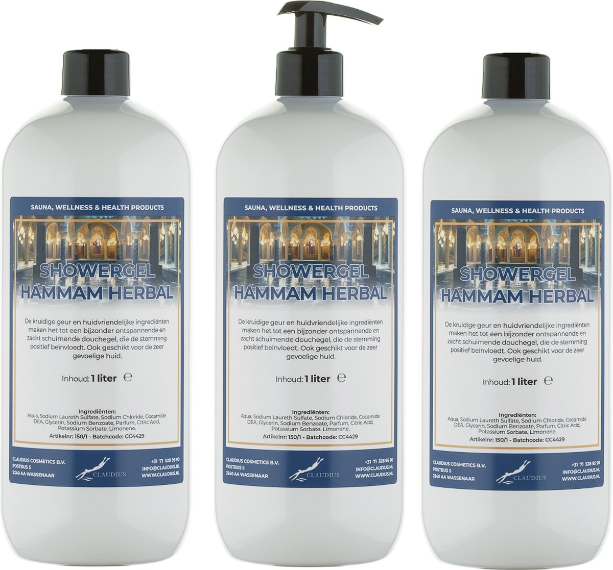 Goedkoopste Douchegel Hammam Herbal 1 liter - set van 3 stuks - met gratis pomp - showergel