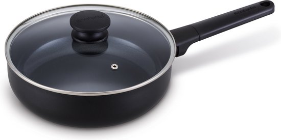 Brabantia NERO Hapjespan / Skillet - Ø 24 cm – Inclusief Glazen Deksel - Ergonomisch en licht - 100% PFAS vrij- 100% Gerecycleerd -Keramische Anti-aanbaklaag - Geschikt voor alle warmtebronnen – Zwart