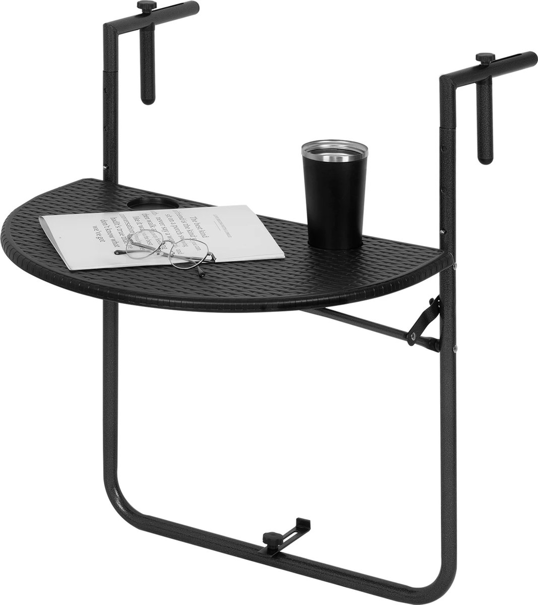 Woltu ShopEighty8 Balkontafel Inklapbaar Balkontafel Hangend In Hoogte Verstelbaar Ruimtebeparend & Stabiel 2 Bekergaten Tafelblad Afmeting L 59.5 x B 39 cm Zwart