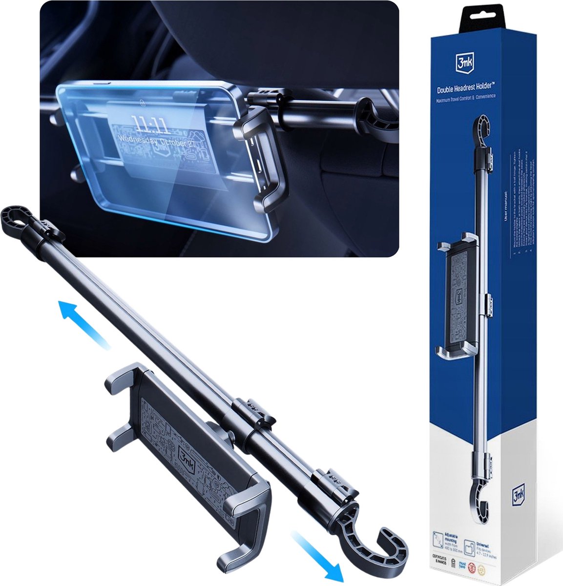 3mk Double Headrest Holder Autohouder voor telefoon en tablet