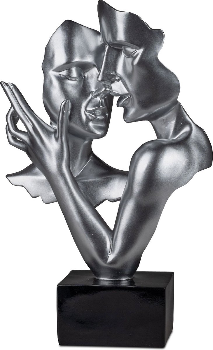 Vrouw - Man - Liefde - Beeld - Zilver - op zwarte voet - 37x23x9cm