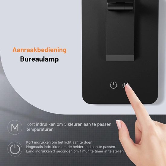 Bureaulamp led dimbaar daglicht - USB oplaadbaar - 15 kleurenfuncties - Daglichtlamp - Touchscreen - Lichttherapielamp - Hobby lamp voor schilderen, puzzelen – UV-Vrij - Tafellamp/lamp staand - Zwart — afbeelding 3
