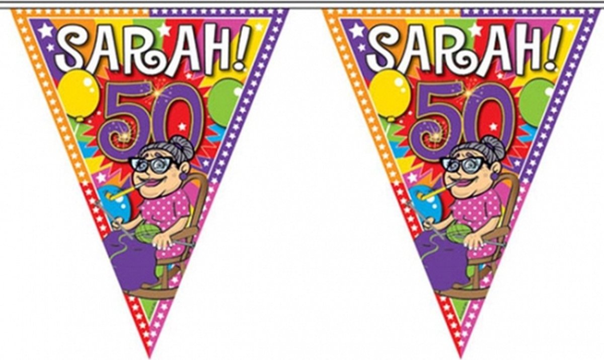 Sarah 50 jaar thema vlaggenlijn slinger - plastic - 10 meter - versiering/feestartikelen — afbeelding 3