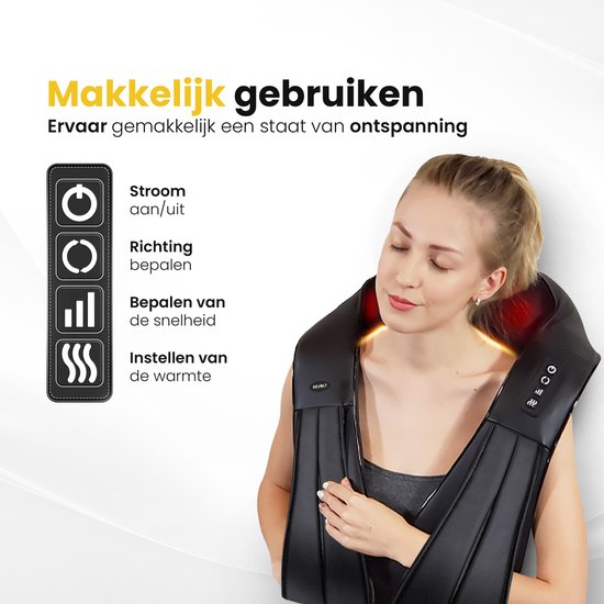 Vrouw die een nekmassager gebruikt, met pictogrammen voor aan/uit, richting, snelheid en warmte-instellingen.
