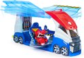 PAW Patrol Patroller met geopende vleugels, Ryder op een rode ATV, en een blauw en rood voertuig met wielen.