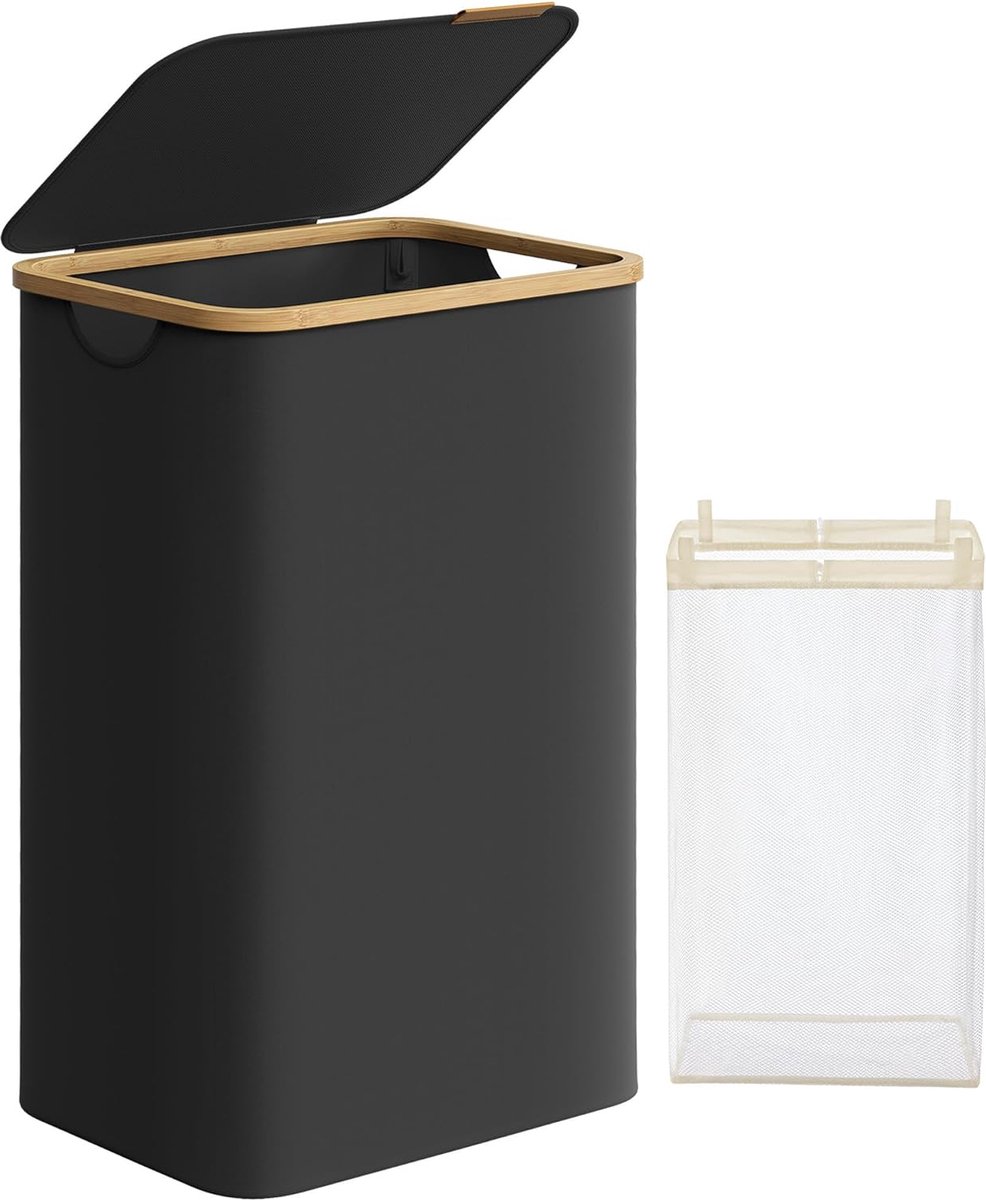 Goedkoopste FurnStar - Wasmand met deksel - wasverzamelaar 90 l - uitneembare waszak - Oxford-weefsel - handgrepen van bamboe - inklapbaar - 42 x 32 x 70,5 cm - inktzwart