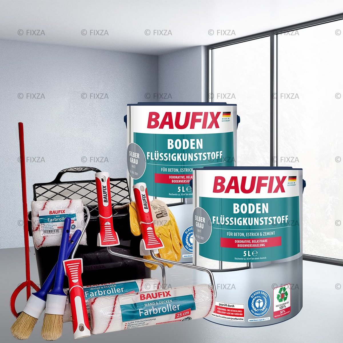 BAUFIX Betonverf Vloer Voordeelverpakking met Verwerkingset zilvergrijs 30 m²
